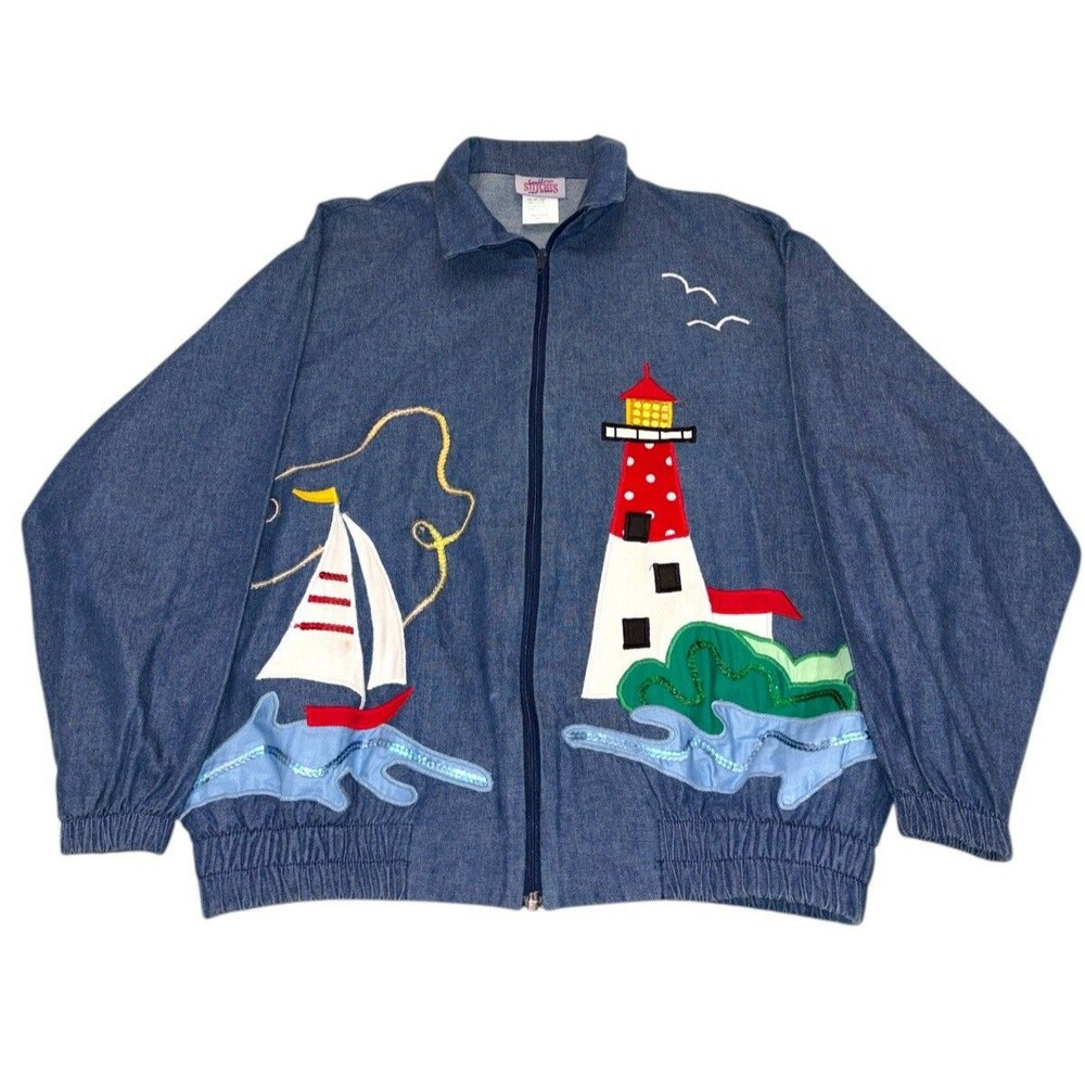 Vintage Southern Stitches Lighthouse Denim Jacket Beach USA Chambray Medium